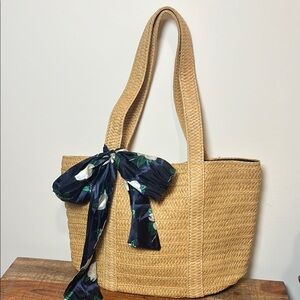 Elegant Draper James Summer Straw Bag with Blue Floral Scarf